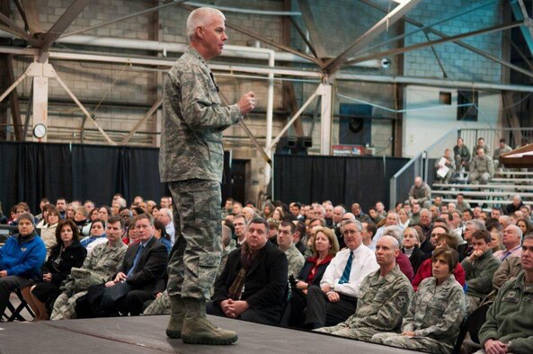 HANSCOM AIR FORCE BASE, Mass. - Air Force Electronic Systems Center Commander Lt. Gen. CR Davis addresses his workforce Feb. 3. during his commander's call. Davis spoke about impending changes at the Center and initiatives for improving warfighter support despite declining resources. (U.S. Air Force photo by
Rick Berry)  
