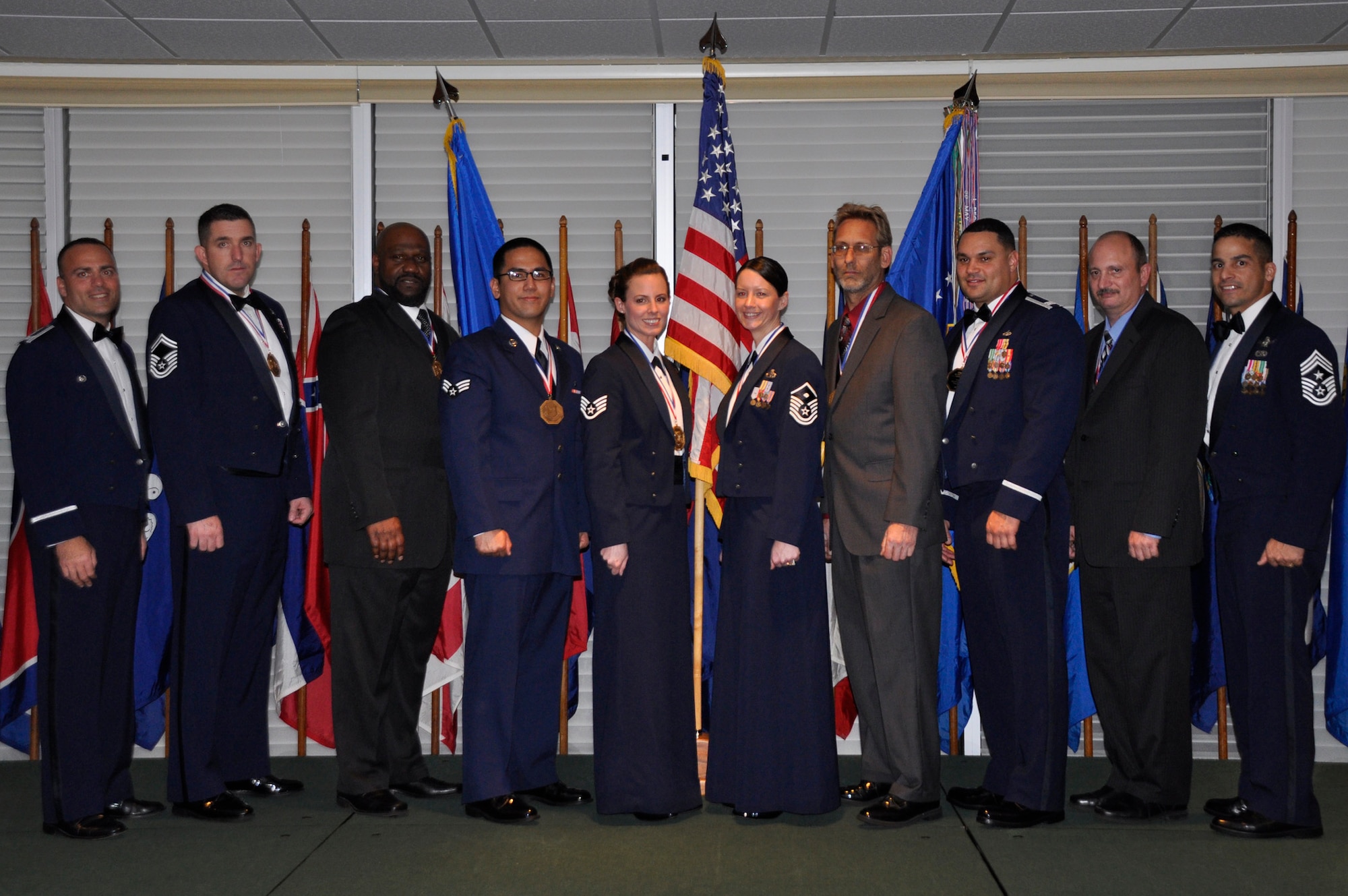 Congratulations to the winners of the 96th Air Base Wing annual awards:  Airman 1st Class Eric Dino, Staff Sgt. Linn Knight, Senior Master Sgt. Francis Harrington, Master Sgt. Shannon Thomas, Capt. Alexander Vanlear, Don Wellman, Obbie Toliver and Ben White.  Col. Sal Nodjomian, 96th ABW commander and Chief Master Sgt. Ben Caro, 96th ABW command chief also pictured. (U.S. Air Force photo/Master Sgt. Marbris Dillard)