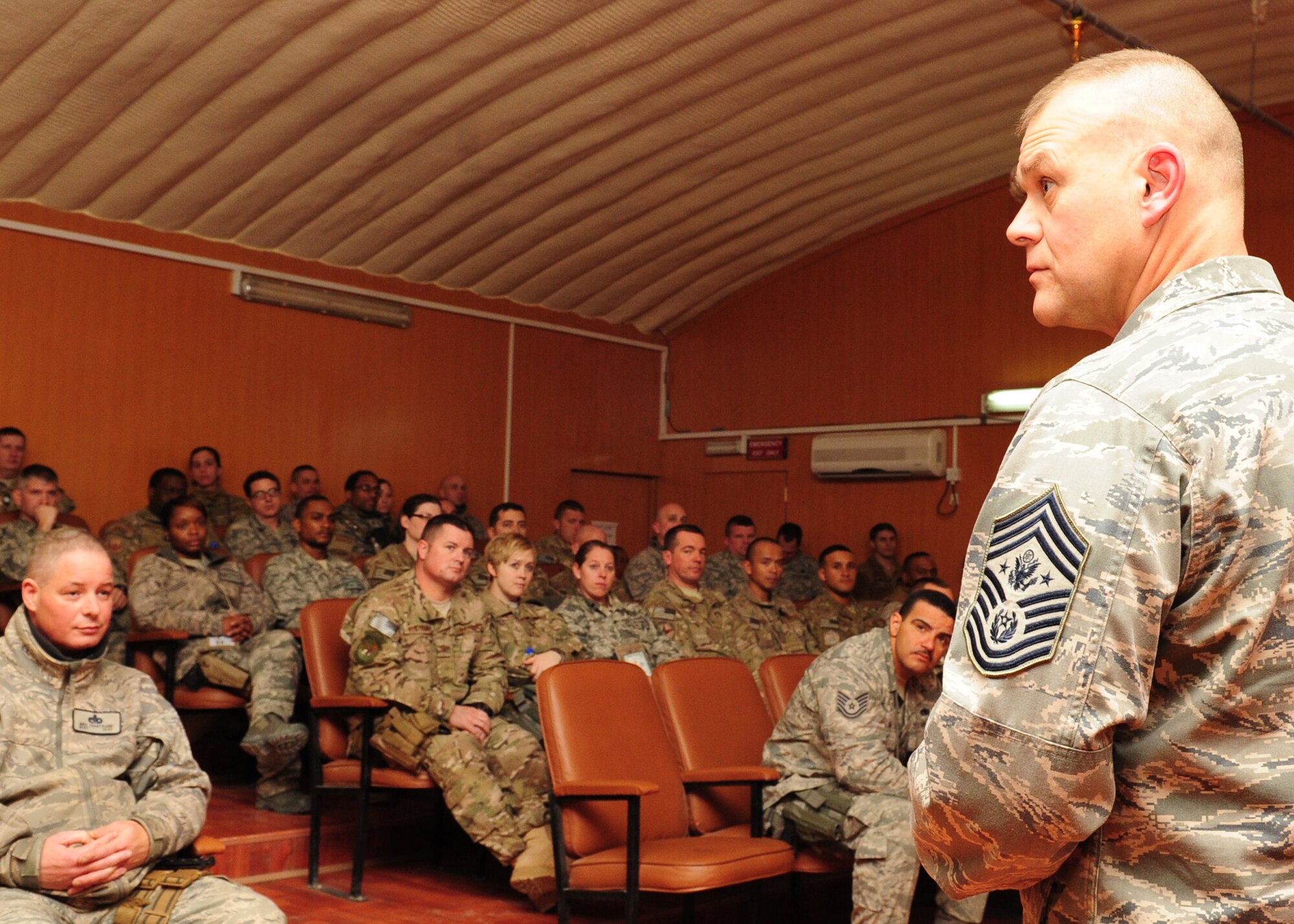 Members from the 438th Air Expeditionary Wing met with Chief Master Sgt. of the Air Force James A. Roy at Kabul International Airport, Afghanistan, Feb. 1, 2012. Roy discussed resiliency, leadership, budget cuts and educational benefits. (U.S. Air Force photo/Staff Sgt. Nadine Y. Barclay)
