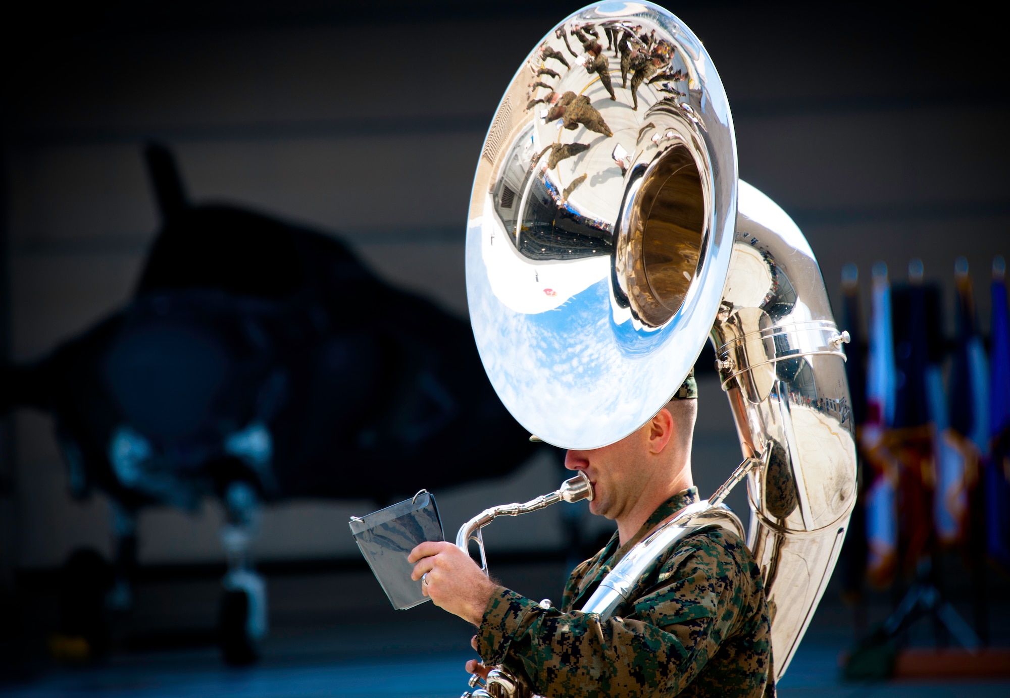 A Marine tuba player from the 2nd Marine Aircraft Wing Band, performs prior to the Marine Fighter Attack Training Squadron 501 change of command ceremony Feb. 3 at Eglin Air Force Base, Fla.  The band is headquartered at Marine Corps Air Station Cherry Point, N.C. (U.S. Air Force photo/Samuel King Jr.)