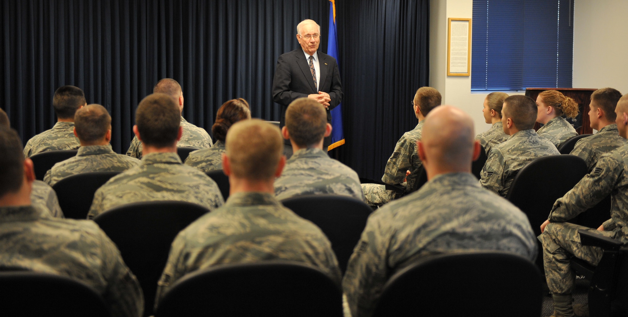 Chief Master Sgt. (retired) Sam E. Parish, who served as the 8th Chief Master Sergeant of the Air Force from 1983 - 1986, speaks to students attending the Airman Leadership School Feb. 3, 2012, at Mountain Home Air Force Base, Idaho. Chief Parish spoke about issues facing Airmen such as possible retirement changes, and other hot topic items like resiliency training. (U.S. Air Force photo by Airman 1st Class Heather Hayward)