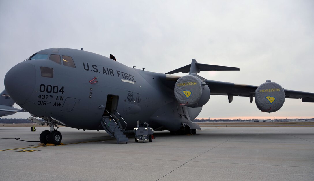WRIGHT-PATTERSON AIR FORCE BASE, Ohio - A C-17 Globemaster III arrived here Jan. 13 from Joint Base Charleston, S.C., marking the eighth C-17 the wing has received since its conversion to the new airframe January 2011. The wing will have eight C-17s in its inventory with a ninth one due in as a backup aircraft. (U.S. Air Force photo/Stacy Vaughn)