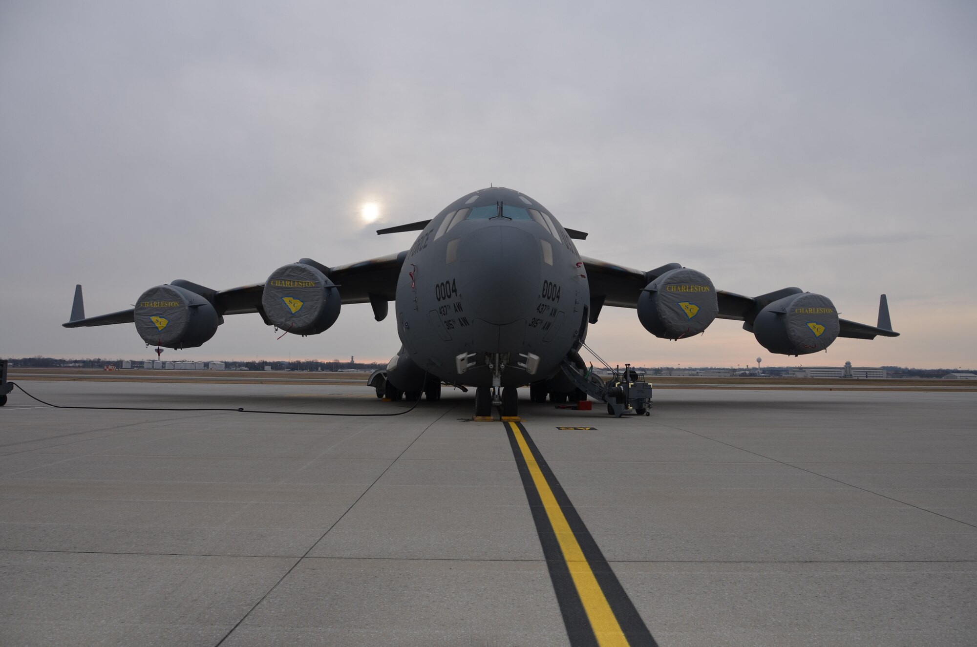 WRIGHT-PATTERSON AIR FORCE BASE, Ohio - A C-17 Globemaster III arrived here Jan. 13 from Joint Base Charleston, S.C., marking the eighth C-17 the wing has received since its conversion to the new airframe January 2011. The wing will have eight C-17s in its inventory with a ninth one due in as a backup aircraft. (U.S. Air Force photo/Stacy Vaughn)