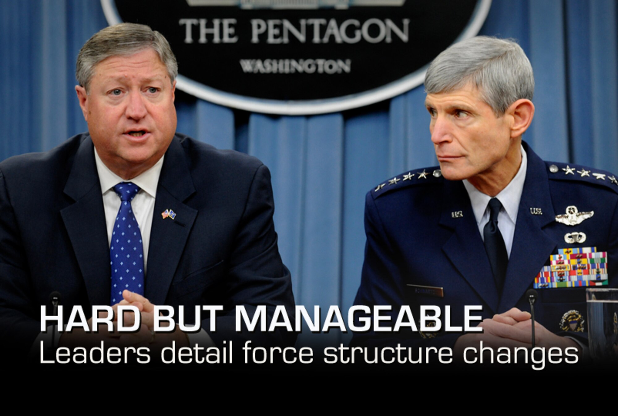 Secretary of the Air Force Michael Donley and Air Force Chief of Staff Gen. Norton Schwartz explain the Air Force's Force Structure overview during a Pentagon press briefing on Feb. 3, 2012. (U.S. Air Force photo/Scott M. Ash)