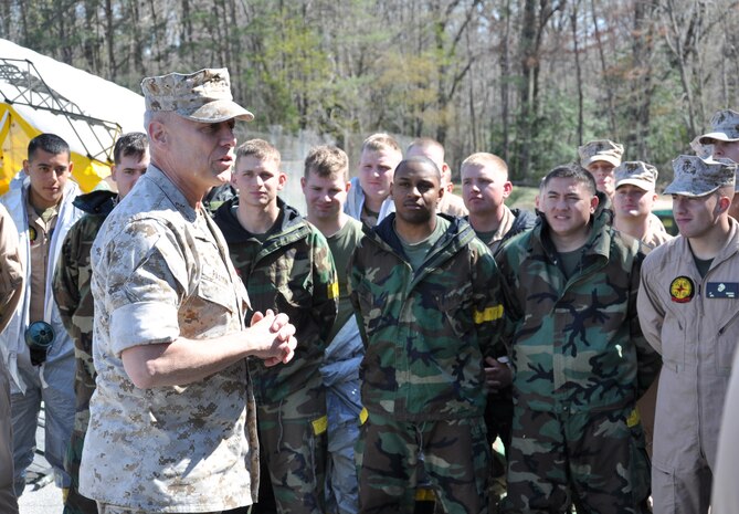 STUMP NECK ANNEX, Md. (April 6, 2011) Lt.Gen. John Paxton Jr., Commanding General II Marine Expeditionary Force (MEF), addresses Marines and Sailors from the Marine Corps Chemical Biological Incident Response Force during his visit to the command's Downey Responder Training Facility. CBIRF is a subordinate command to II MEF. When directed, II MEF deploys and is employed as a Marine Air Ground Task Force (MAGTF) in support of Combatant Commander requirements for contingency response or major theater war. 