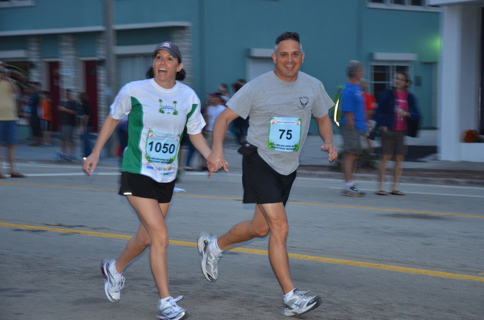 Air Force Reserve recruiter, Master Sgt. Kevin Bevin and wife, April, 920th Rescue Wing, Patrick Air Force Base, Fla., ran in the Melbourne and Beaches Music Marathon nearby on Feb. 5. The two completed the half marathon run of 13.1 miles. Many Reservists from Patrick competed in and volunteered for the weekend health and fitness event.  (U.S. Air Force photo/Capt. Cathleen Snow)