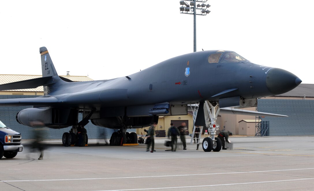 B-1 aircrew from the 37th Bomb Squadron returned home to Ellsworth Air Force Base, S.D., Feb. 3, after participating in a Red Flag exercise at the Nellis Test and Training Range, Nev. The exercise tested their ability to operate in wartime environments with realistic aerial war games.  (U.S. Air Force photo by Airman 1st Class Zachary Hada/Released) 