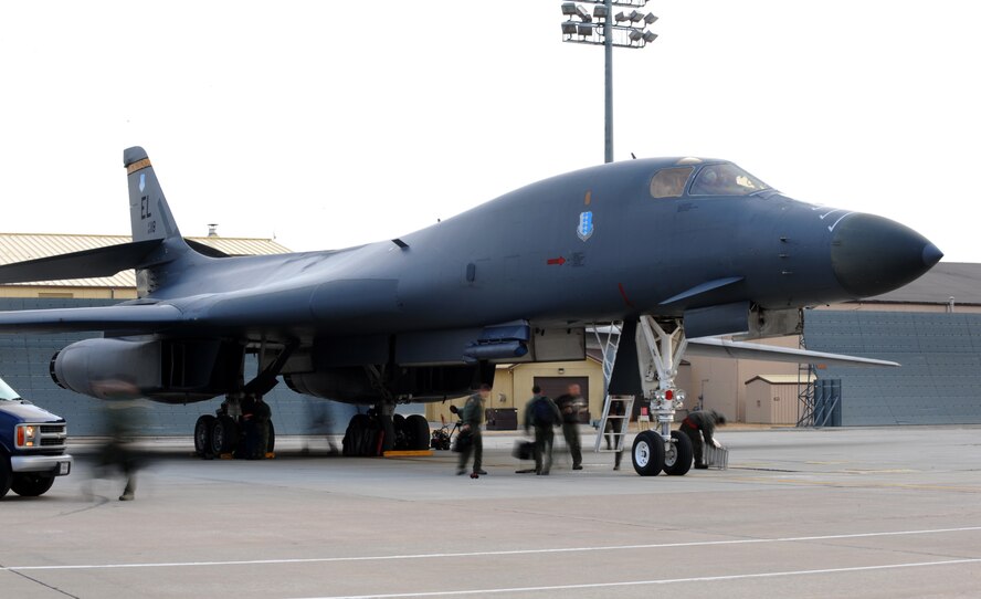 B-1 aircrew from the 37th Bomb Squadron returned home to Ellsworth Air Force Base, S.D., Feb. 3, after participating in a Red Flag exercise at the Nellis Test and Training Range, Nev. The exercise tested their ability to operate in wartime environments with realistic aerial war games.  (U.S. Air Force photo by Airman 1st Class Zachary Hada/Released) 
