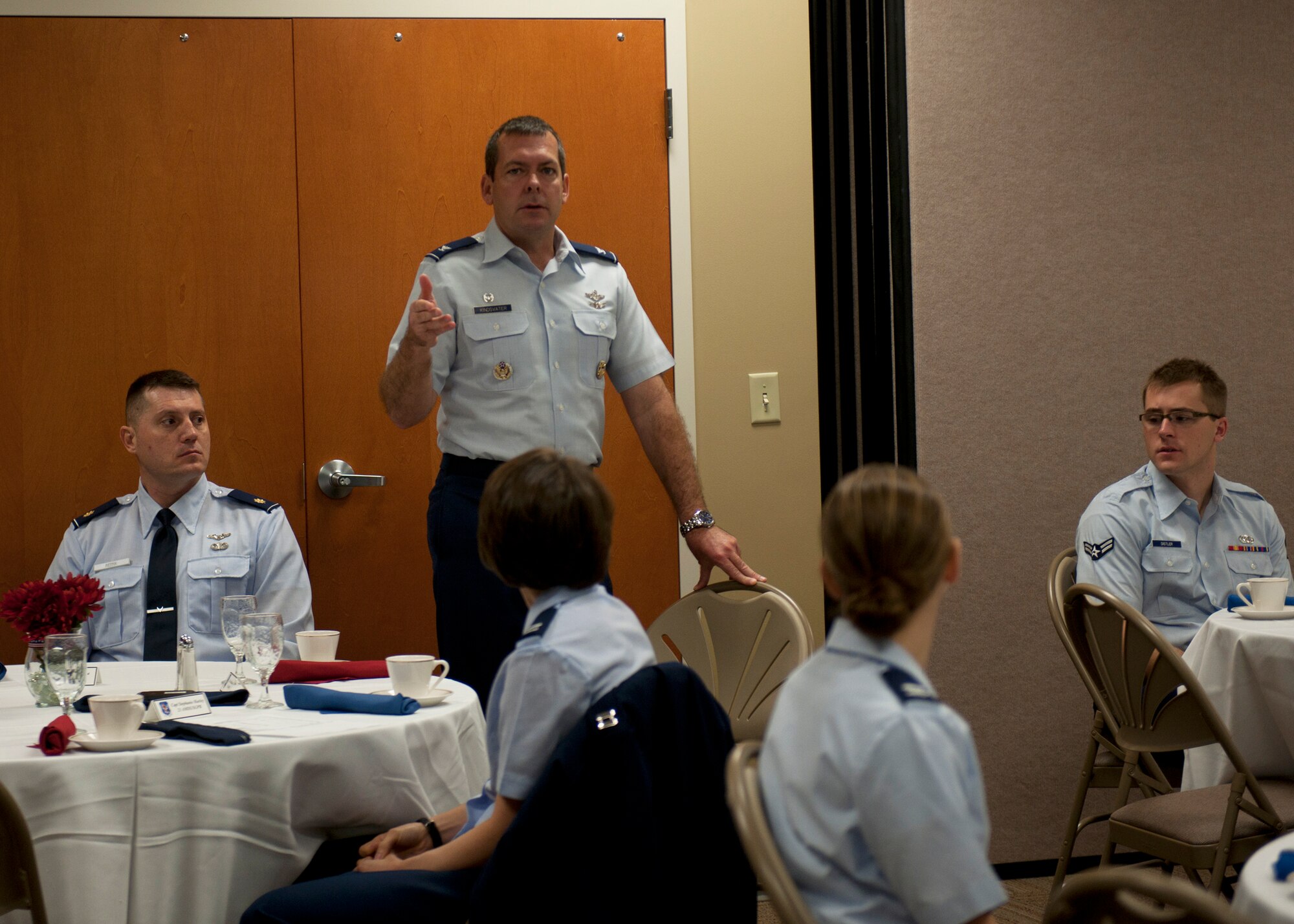 U.S. Air Force Col. Scott Kindsvater, 93d Air Ground Operations Wing commander, speaks during the Air Force Assistance Fund kickoff breakfast at the Spot, Feb. 6, 2012, at Moody Air Force Base, Ga. Representatives from each squadron attended the event to discuss this year’s goals and expectations of the program. (U.S. Air Force photo by Senior Airman Eileen Meier/Released)
