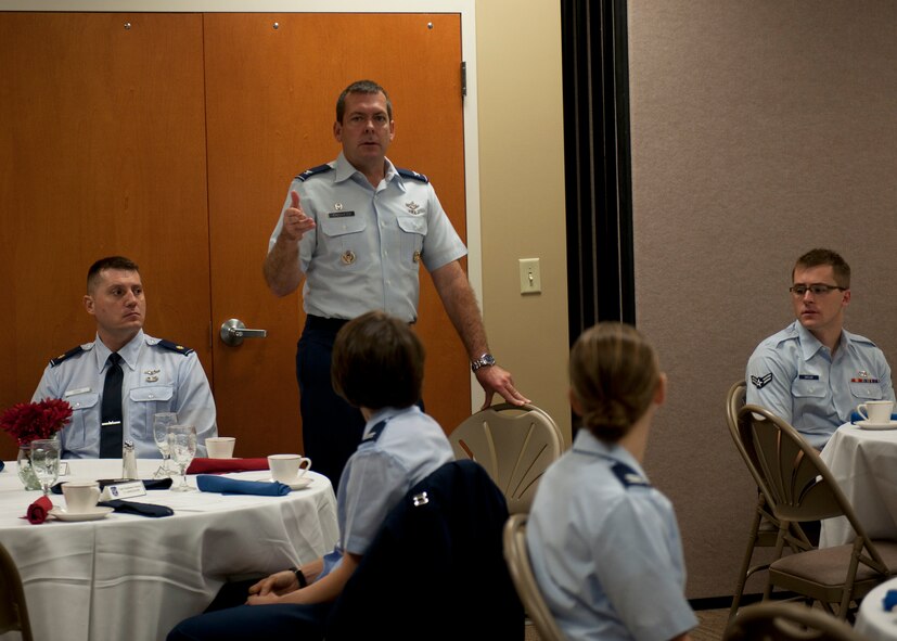U.S. Air Force Col. Scott Kindsvater, 93d Air Ground Operations Wing commander, speaks during the Air Force Assistance Fund kickoff breakfast at the Spot, Feb. 6, 2012, at Moody Air Force Base, Ga. Representatives from each squadron attended the event to discuss this year’s goals and expectations of the program. (U.S. Air Force photo by Senior Airman Eileen Meier/Released)
