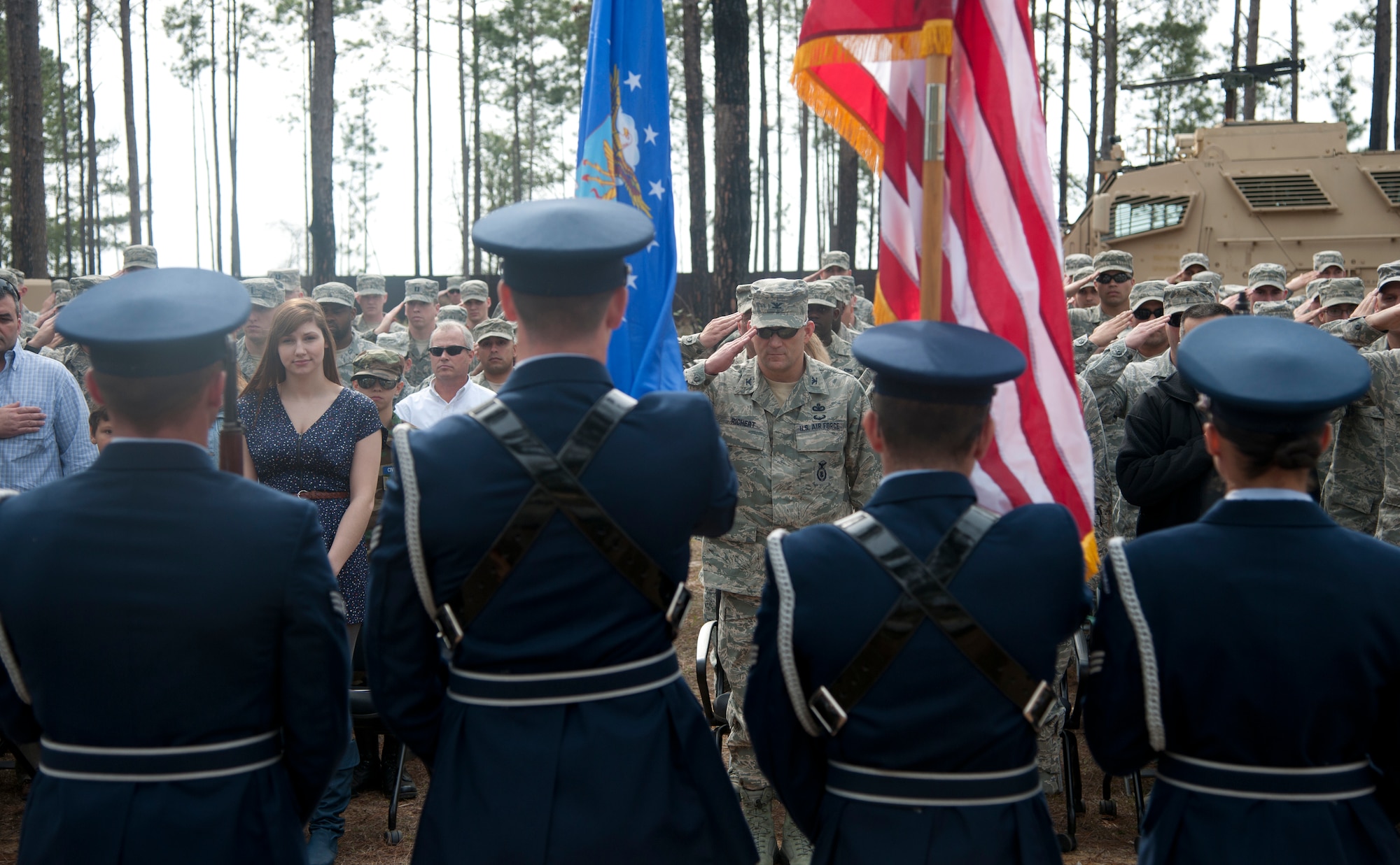 The Moody Air Force Base Honor Guard presents the colors during a retirement ceremony honoring Chief Master Sgt. Larry Miller, 824th Base Defense Squadron security forces manager, at Moody Air Force Base, Ga., Feb. 3, 2012. Family, friends and members of the 820th Base Group were in attendance to celebrate Miller’s 28 years of active duty service. (U.S. Air Force Photo by Airmen 1st Class Paul Francis/Released)
