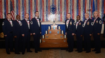 Joint Base Charleston welcomes their newest chief master sergeants during the Chief’s Recognition Ceremony, Feb. 4 at the Charleston Club at Joint Base Charleston – Air Base. Pictured left to right are Senior Master Sgt. Jason Winegar, 437th Maintenance Group Quality Assurance officer, 437th Airlift Wing, Senior Master Sgt. Kendrick Shropshire,  437th Maintenance Squadron’s Maintenance Flight flight chief, 437th AW, Senior Master Sgt. Barry Sessions, 315th Aircraft Maintenance Squadron assistant flight chief, Senior Master Sgt. Christopher Mong, 315th Aircraft Maintenance Squadron, Blue Aircraft Maintenance Unit flight chief, Senior Master Sgt. Philip Hudson, 437th Operations Group, Special Operations Division superintendent,  437th AW, Senior Master Sgt. Terry Jones, 437th Operation Support Squadron’s Aviation Resource Management Flight and Wing 1C0X2 functional manager, 437th AW, Senior Master Sgt. Benjamin Alexander, 701 Airlift Squadron’s Loadmaster Section superintendent and Chief Master Sgt. James Macko, 315th Aircraft Maintenance Squadron, Blue Aircraft Maintenance Unit flight chief. Not pictured is Senior Master Sgt. Nathaniel Hawkins, 628th Logistics Readiness Squadron Fuels Management Flight superintendent. (U.S. Air Force photo/Tech. Sgt. Chrissy Best)