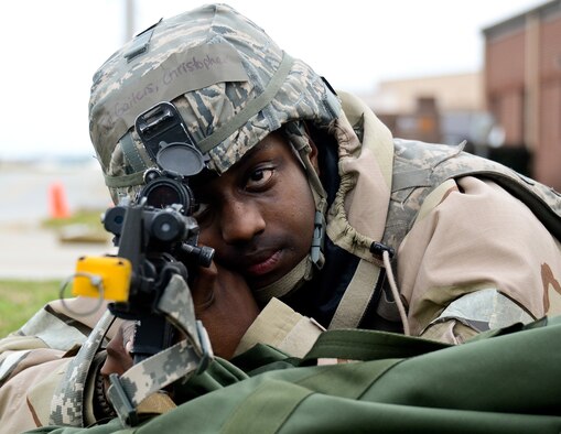 Air National Guard Senior Airman Christopher Gaiters, 116th Security Forces Squadron, guards a personnel bunker during an Operational Readiness Exercise at Robins Air Force Base, Ga., Feb 3, 2012. The exercise was conducted by the 116th and 461st Air Control Wings in preparation for an upcoming Operational Readiness Inspection. (Air Force photo by Master Sgt. Roger Parsons)