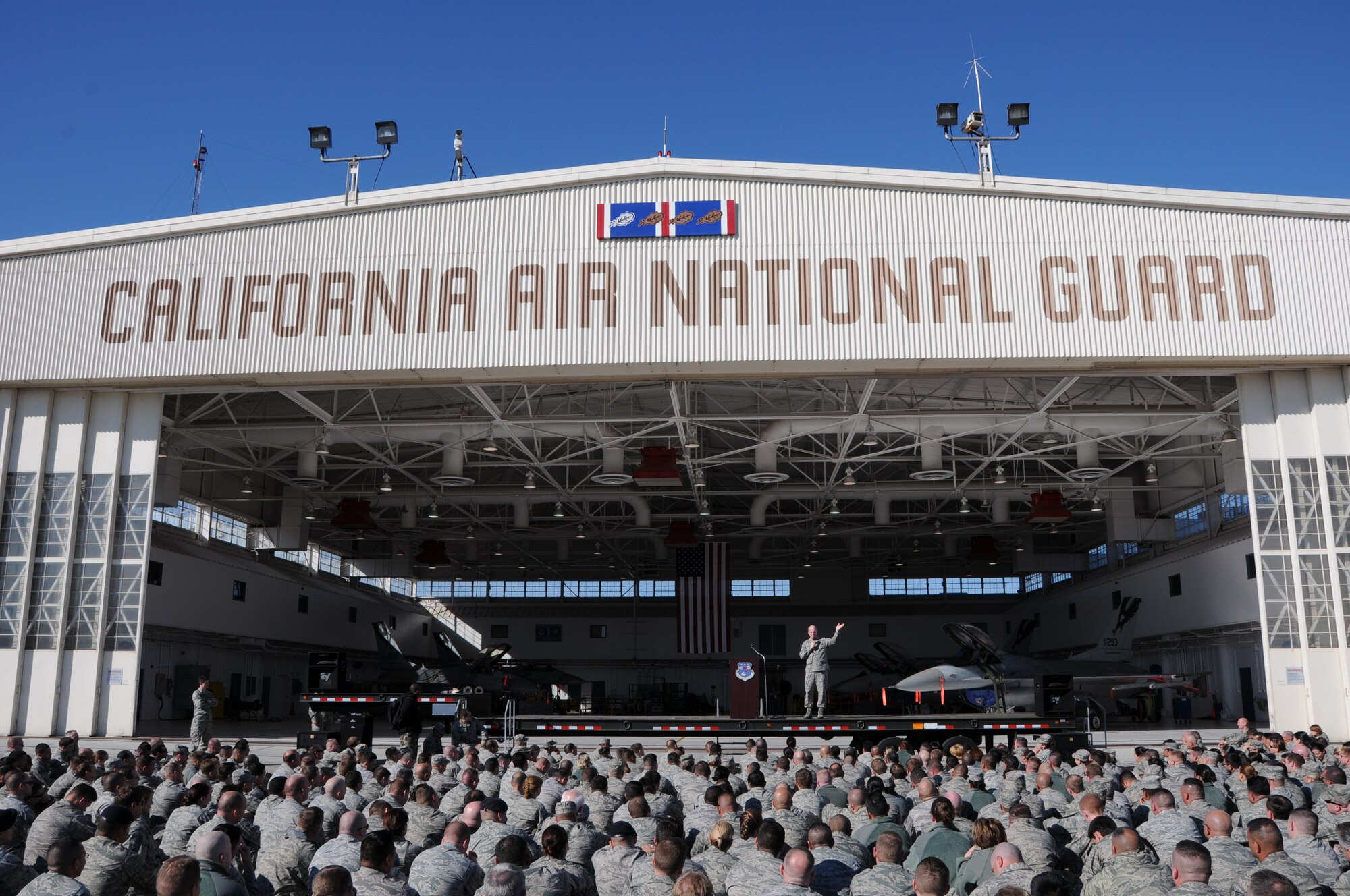 Chief Master Sgt. Chris Muncy, Command Chief Master Sergeant of the Air National Guard, addresses the Airmen of the 144th Fighter Wing, California Air National Guard in Fresno on February 5, 2012. Chief Muncy spoke of the importance of telling the Air National Guard story and took questions from the audience. (Air National Guard photo by Master Sgt. David J. Loeffler)