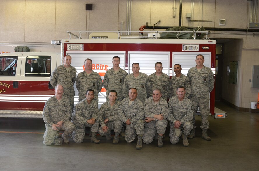 Chief Master Sergeant Chris Muncy, Command Chief Master Sergeant of the Air National Guard, poses with the 144th Civil Engineer’s Fire Department, 144th Fighter Wing, California Air National Guard, on February 5, 2012.  During Chief Muncy’s visit, he spoke with several Airmen from various shops and offices telling them how important it is to tell the Air National Guard story.  (Air National Guard photo by Tech. Sgt. Robin Meredith)