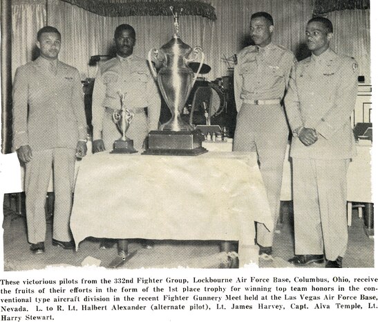 This photo with its original caption congratulates the Tuskegee Airmen who were victorious in the U.S. Air Force’s first Gunnery Meet, which was held in May 1949, on Las Vegas Air Force Base, Nev.  Not long after the Tuskegee Airmen won this competition, the Air Force began the process of desegregating the Air Force, which caused the dismantling of the 332nd Fighter Group, the “home” of the Tuskegee Airmen.  (Courtesy photo)