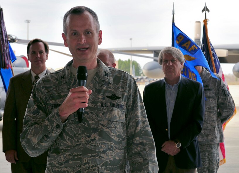 U.S. Air Force Col. Billy Thompson, 23d Wing commander, welcomes 30 new honorary commanders to be part of Team Moody during the Honorary Commander Change of Command Ceremony at Moody Air Force Base, Ga., Feb. 3, 2012. Honorary commanders serve for two years, creating ties with the 23d Wing and 93d Air Ground Operations Wing by having active involvement with designated squadrons. (U.S. Air Force photo by Staff Sgt. Stephanie Mancha/Released)