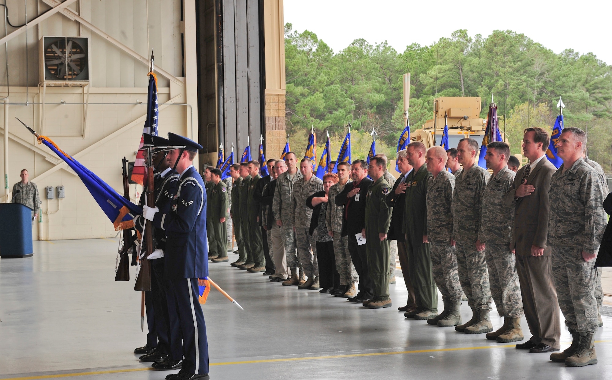 The Moody Base Honor Guard posts the colors for the national anthem during the Honorary Commander Change of Command Ceremony at Moody Air Force Base, Ga., Feb. 3, 2012. Thirty local civilian leaders assumed the position of honorary command within various squadrons and groups in both the 23d Wing and the 93d Air Ground Operations Wing. (U.S. Air Force photo by Staff Sgt. Stephanie Mancha/Released)