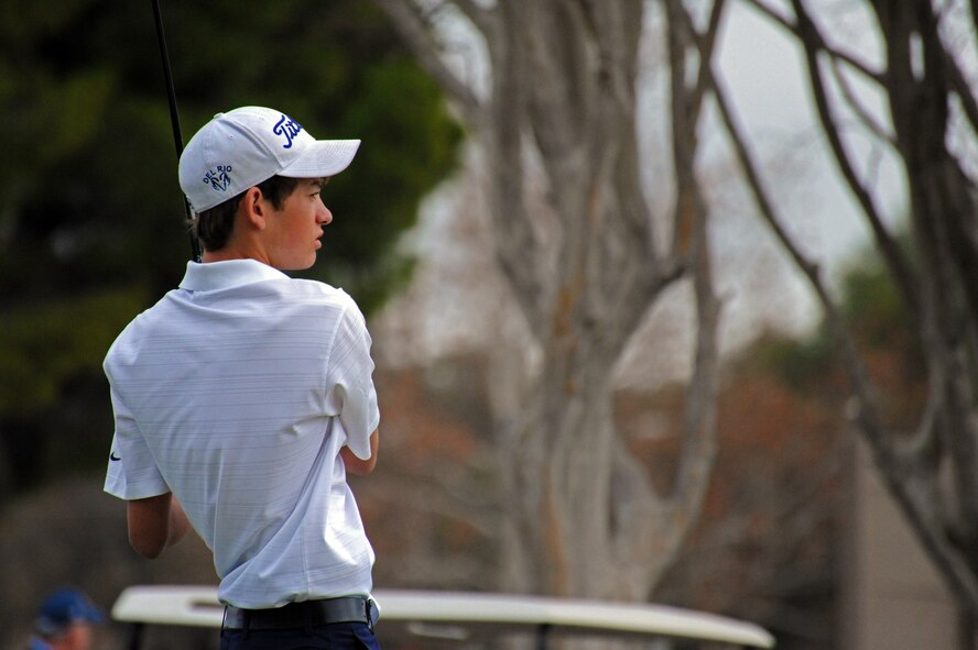 LAUGHLIN AIR FORCE BASE, Texas – A high school student tees off to start a high school golf tournament held at the Leaning Pine Golf Course here Feb.3. (U.S. Air Force photo/Senior Airman Scott Saldukas)