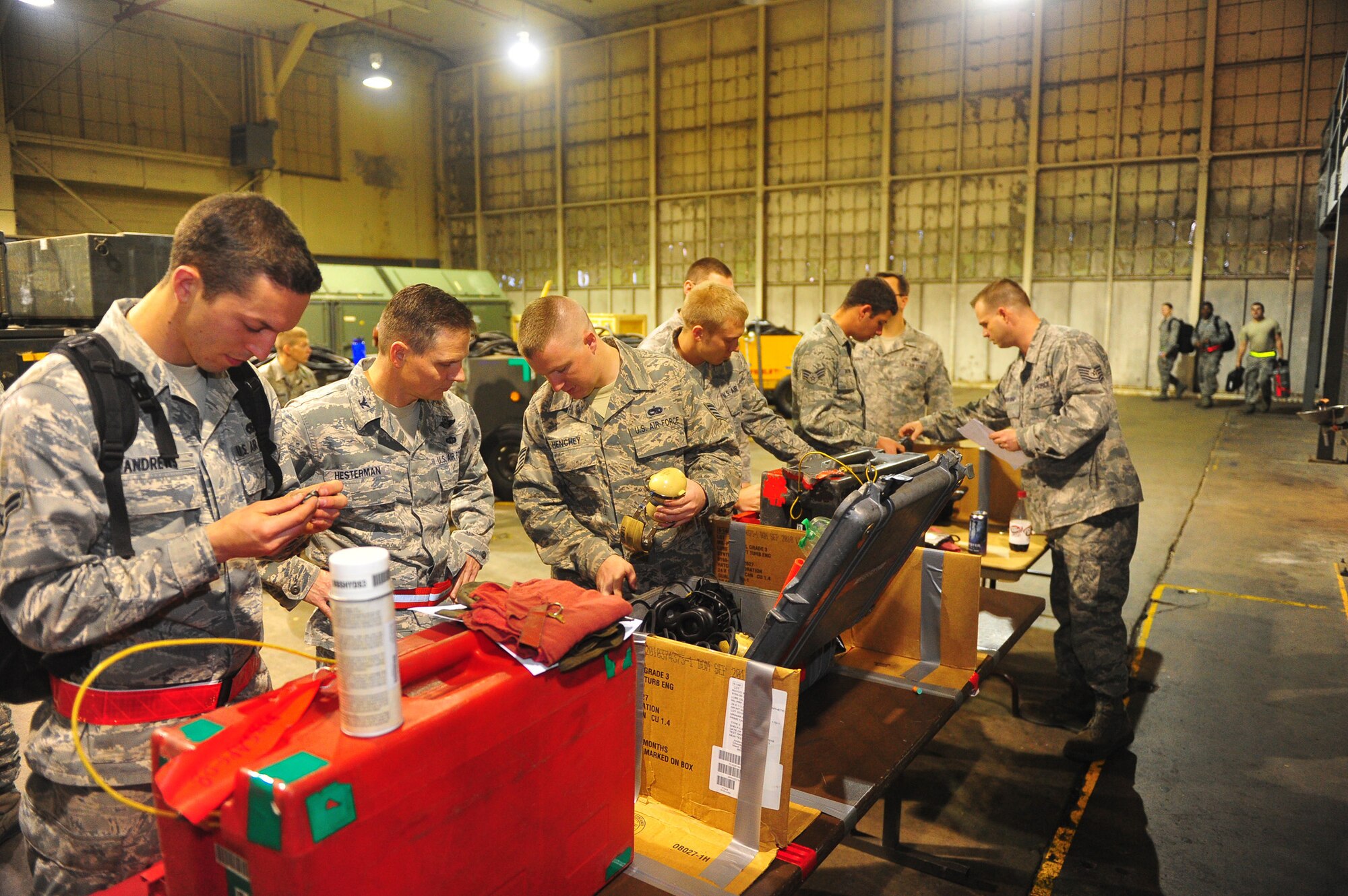 Crew chiefs from the 2nd Aircraft Maintenance Squadron inspect their tools at the start of the duty day on Barksdale Air Force Base, La, Feb. 2. Ensuring the tools are in good working order and all accounted for is the first step the Airmen take to ensure Barksdale's B-52H Stratofortress bombers are primed and ready to launch. (U.S. Air Force photo/Tech. Sgt. Mike Andriacco) (Released)