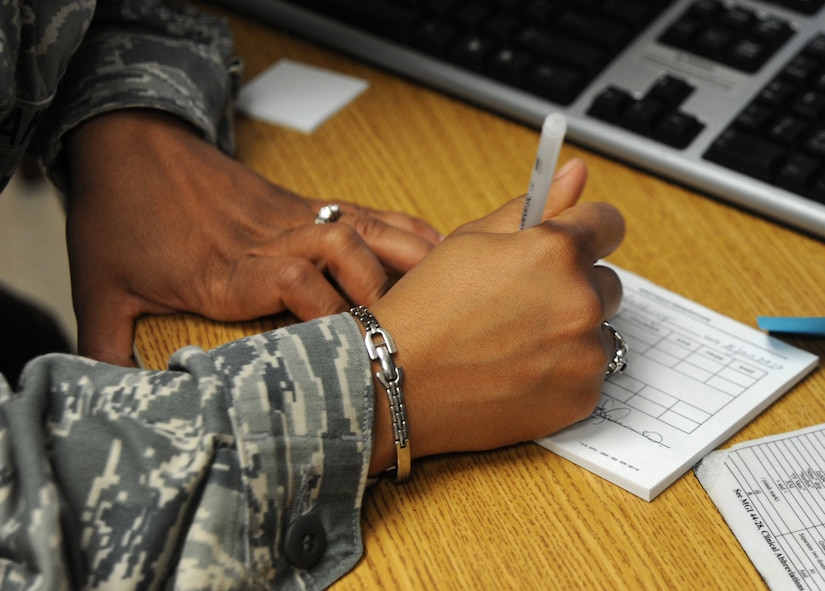 Capt. Syreeta Lawrence fills out an eye prescription for a patient Jan. 31 at Joint Base Charleston-Air Base. Both the Air Base and the Weapons Station’s clinics provide eye care to active duty service members and Reservists on special orders. The most common services provided are eye examinations, visual acuity checks, repairing glasses, color vision test and comprehensive exams. Lawrence is an optometrist from the 628th Medical Group. (U.S. Air Force photo/Airman 1st Class Ashlee Galloway)