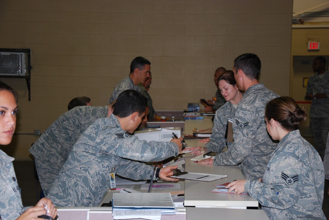 Airmen participate in a deployment exercise Nov. 18, 2011 at Sheppard Air 
Force Base, Texas.  Exercises help prepare Airmen for real-world contingencies and help ensure personnel understand their role in the Air Force expeditionary deployment process. (U.S. Air Force photo/Mike McKito)
