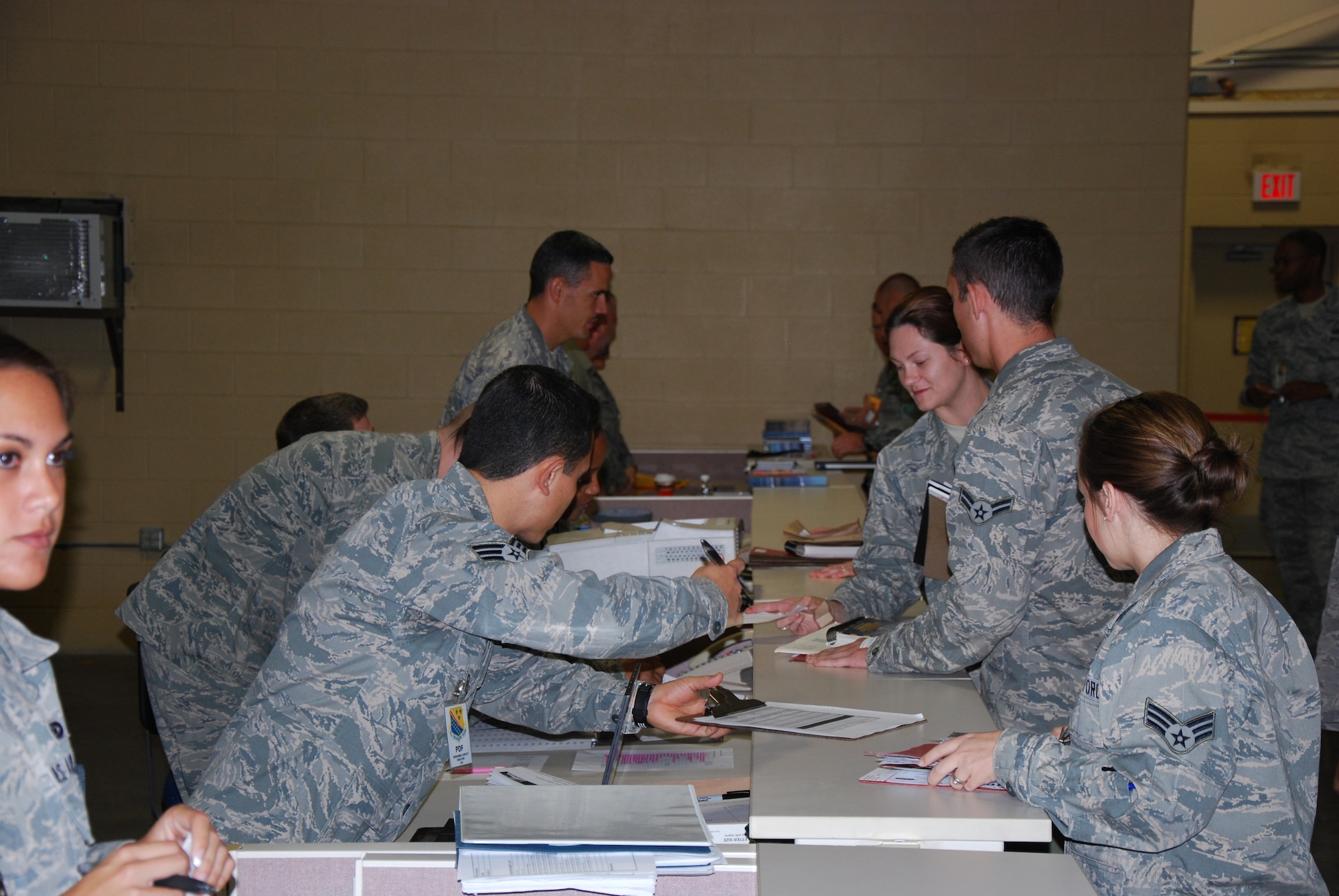 Airmen participate in a deployment exercise Nov. 18, 2011 at Sheppard Air 
Force Base, Texas.  Exercises help prepare Airmen for real-world contingencies and help ensure personnel understand their role in the Air Force expeditionary deployment process. (U.S. Air Force photo/Mike McKito)