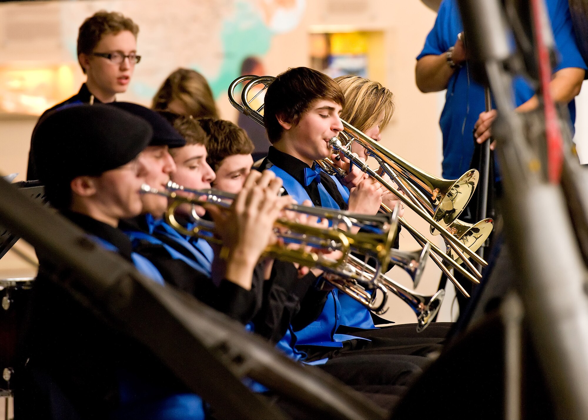 The Dover High School Jazz Band plays during the Honorary Commander Induction Ceremony Feb. 4, 2012, at the Dover Air Force Base, Del., Air Mobility Command Museum. The ceremony was held to induct the incoming honorary commanders for 2012. (U.S. Air Force photo by Roland Balik)