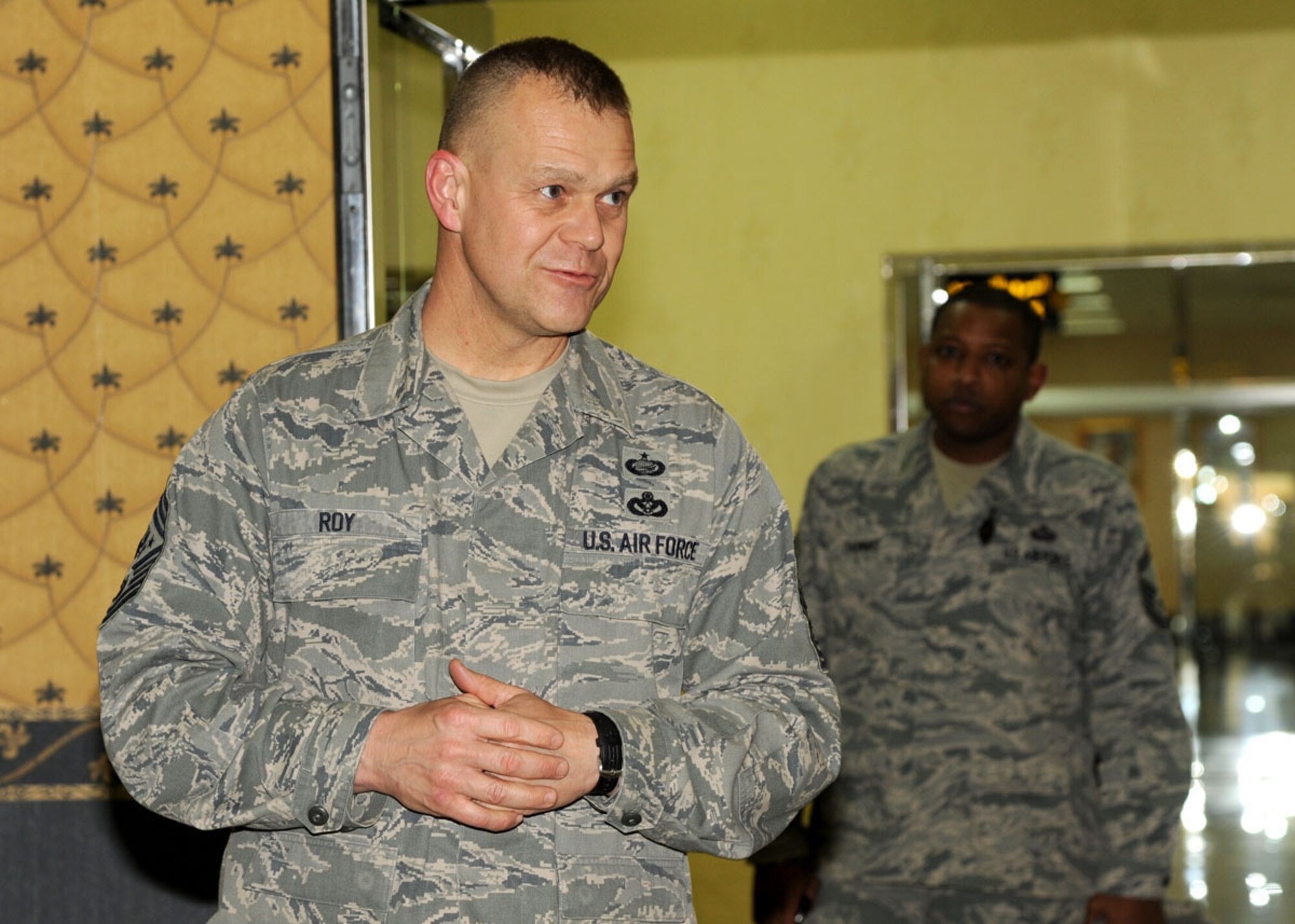 SOUTHWEST ASIA - Chief Master Sgt. James Roy meets members of the 380th Air Expeditionary Wing at the passenger terminal Feb. 3, 2012. Roy, the chief master sgt. of the Air Force, stopped through on a tour of several deployed locations to speak with Airmen about various issues in the military today and in the future.  (U.S. Air Force photo/Tech. Sgt. Arian Nead)