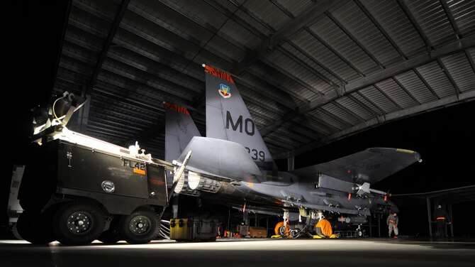 An F-15E Strike Eagle assigned to the 391st Fighter Squadron awaits maintenance on the flightline at Mountain Home Air Force Base, Idaho, Feb. 1, 2012. The aircraft is a dual-role fighter jet designed to perform air-to-air and air-to-ground missions. An array of avionics and electronics systems gives the F-15E the capability to fight at low altitude, day or night, and in all weather. (U.S. Air Force photo by Senior Airman Debbie Lockhart/Released)