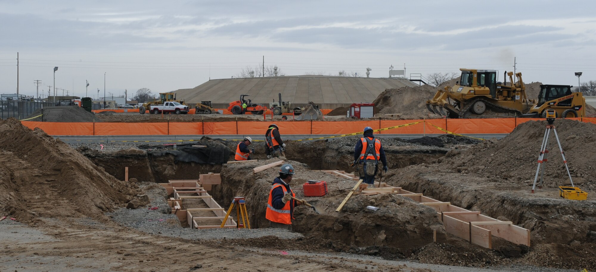 Construction workers lay framework for the new Jet Propulsion 8 fuel tanks Feb. 3, 2012, at Mountain Home Air Force Base, Idaho. Upon completion, the new tanks will increase the base’s fuel capacity by about one million gallons. The upgrade is scheduled to be complete by April of 2014. (U.S. Air Force photo by Airman 1st Class Jonathan Glanville)