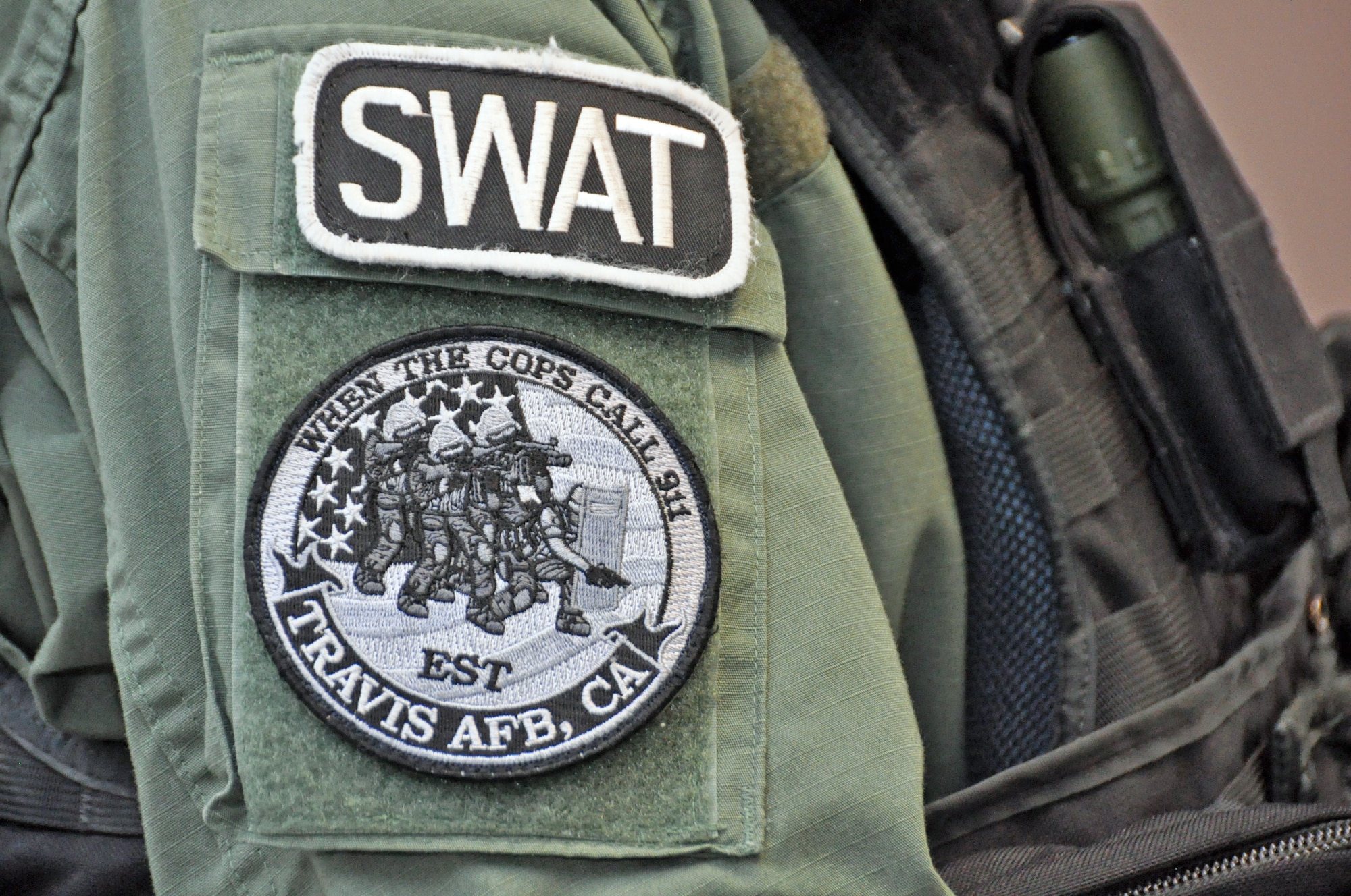 A Travis SWAT team member wears two SWAT patches on their uniform Feb. 7 on base. (U.S. Air Force photo/Staff Sgt. Patrick Harrower)