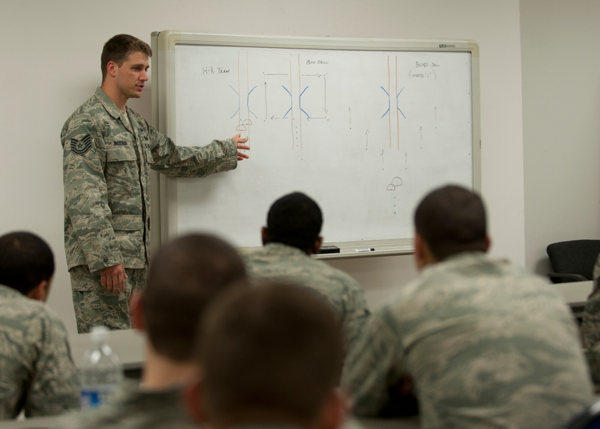 U.S. Air Force Tech. Sgt. Dallas Bozeman, 820th Combat Operations Squadron, teaches counter improvised explosive device tactics to other members of his squadron at the military operations in urban terrain village Feb. 8, 2012, at Moody Air Force Base, Ga. Bozeman is an EOD technician and was recently selected to receive the annual Maj. Gen. Eugene A. Lupia non-commissioned officer category award for his outstanding job performance on his last deployment to Afghanistan. (U.S. Air Force photo by Senior Airman Eileen Meier/Released)