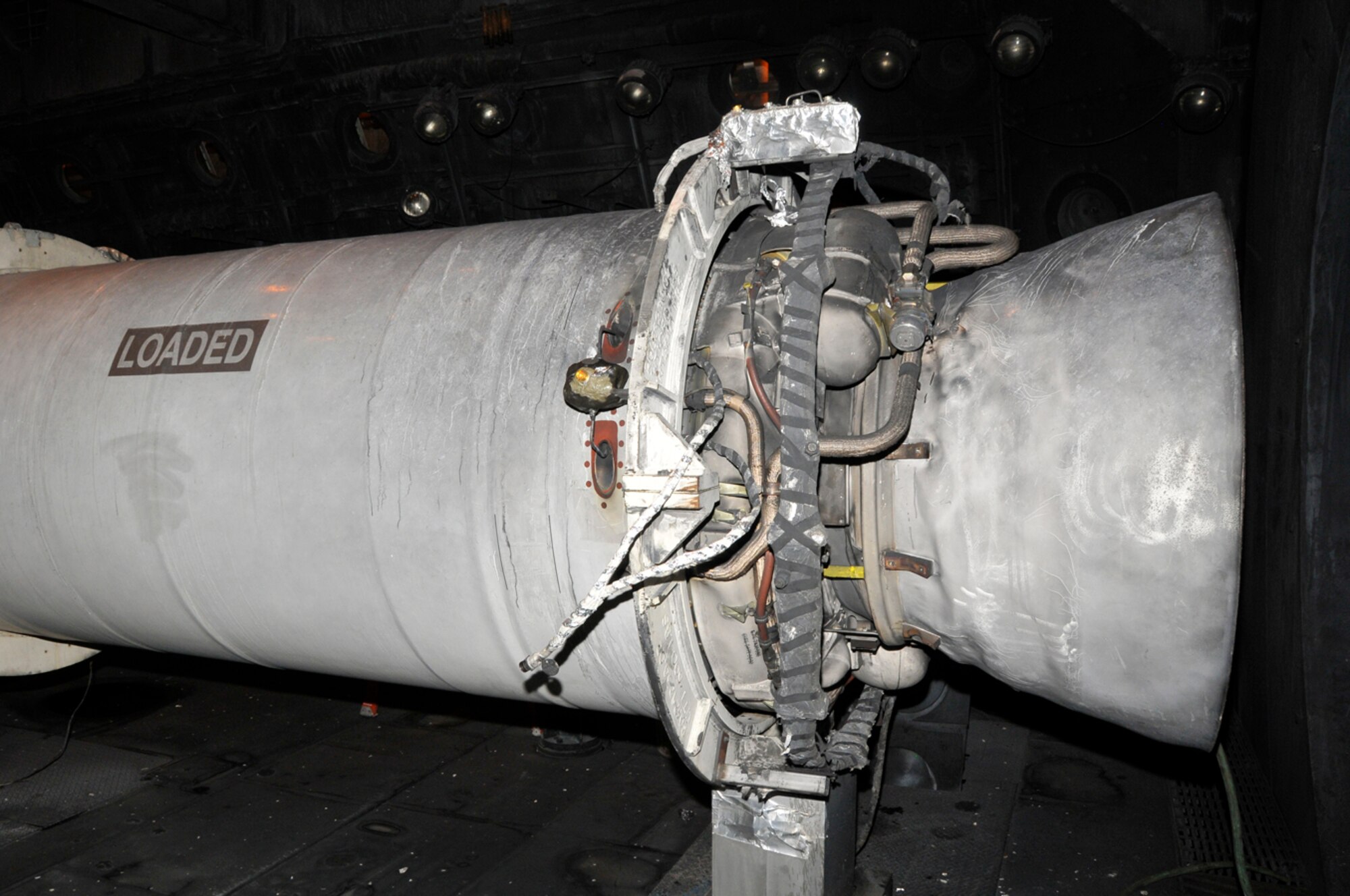 A photo of the Minuteman Stage 2 motor after firing in J-6. (Photo by Rick Goodfriend)
