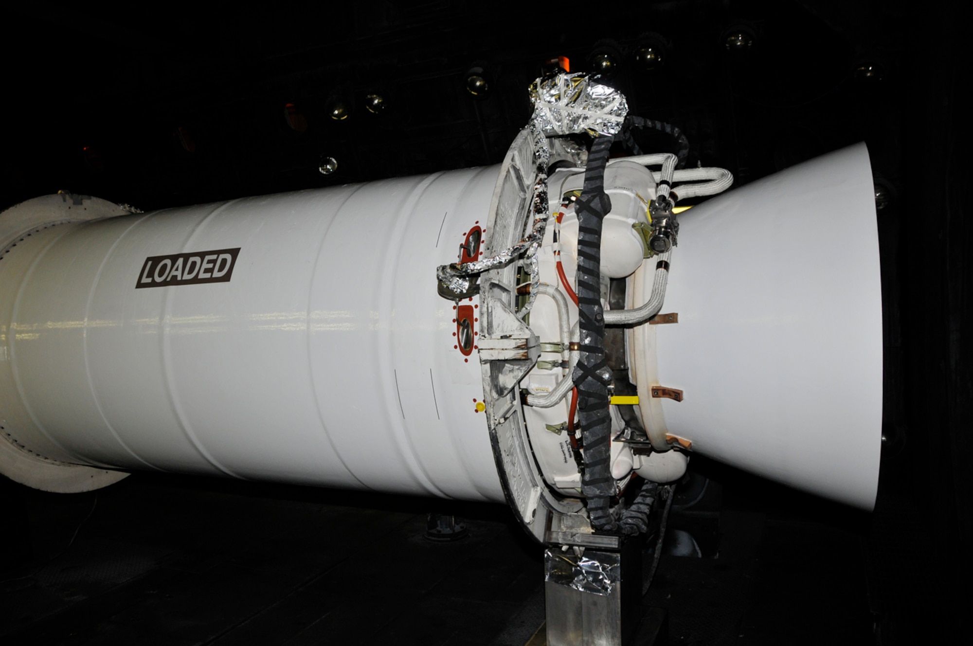 This photo shows the Minuteman III Stage 2 rocket motor loaded in the J-6 Test Cell prior to recent testing. (Photo by Rick Goodfriend)