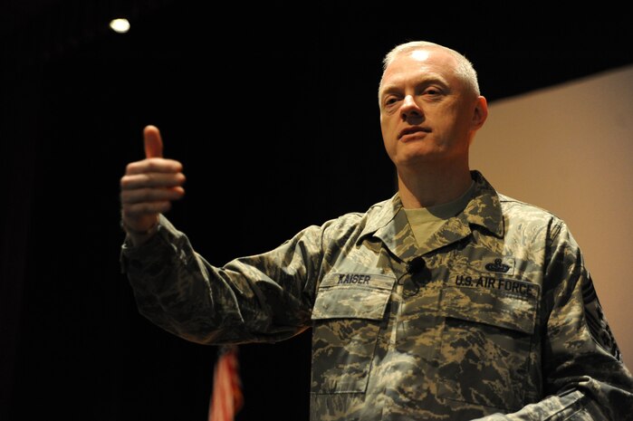 Chief Master Sgt. Richard "Andy" Kaiser speaks to enlisted Airmen at the Joint Base Charleston - Air Base Theater Feb. 7. Kaiser is the Air Mobility Command command chief and is the principal advisor to the commander and his senior staff on matters of health, welfare and morale, professional development and the effective utilization of more than 43,000 active duty and 71,000 Air Force Reserve Command and Air National Guard enlisted personnel assigned to the command. (U.S. Air Force photo/Airman 1st Class Ashlee Galloway)
 
