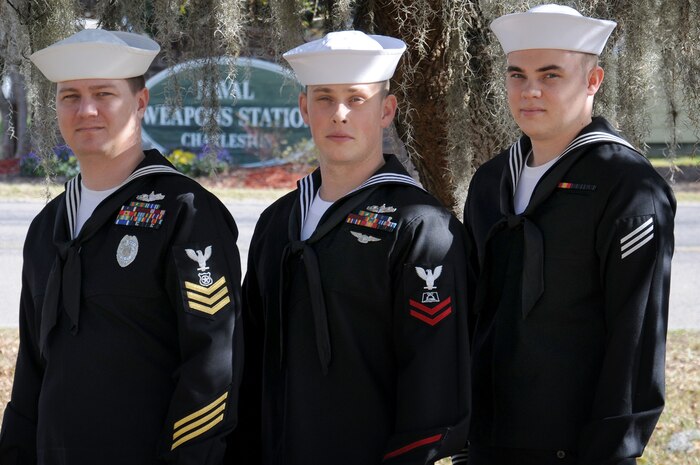 Congratulations to Naval Support Activity Sailor of the Quarter Petty Officer 1st Class William Carmer (left), Junior Sailor of the Quarter Petty Officer 2nd Class Ryan Scalf and Blue Jacket of the Quarter Seaman Jason Lichter. Carmer is a Master-At-Arms assigned to the 628th Security Forces Squadron, Scalf is a Culinary Specialist assigned to the Rainbow Row Galley and Lichter is a Seaman assigned to the 628th SFS.  (U.S. Navy photo/Petty Officer 2nd Class Brannon Deugan)