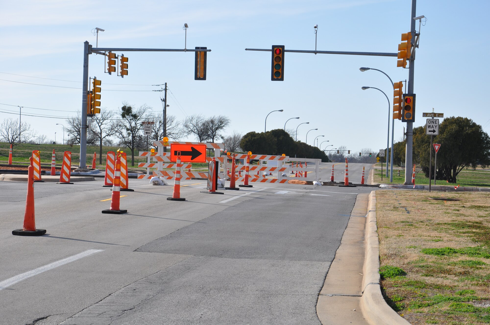 The intersection between Avenue D/ E, and 9th Avenue is undergoing repairs for potholes and deterioration. The projects expected completion date is mid-March, weather permitting. (U.S Air Force Photo 2nd Lt. Sara Harper)