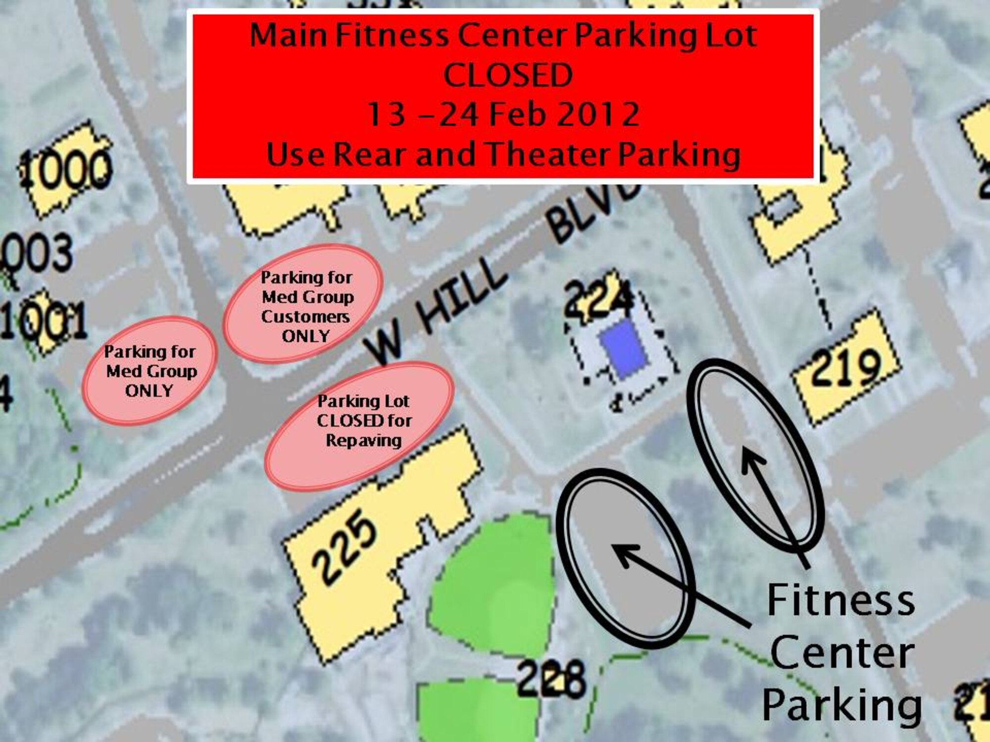 The 628th Civil Engineer Squadron will be resurfacing the front parking lot of the Joint Base Charleston - Air Base Fitness Center, Feb. 13 to 24. The Fitness Center will remain open during this time; however patrons will need to park in the rear parking lots off of Davis Drive. The front parking lot on Hill Blvd. will be completely closed and there will be no access from the front parking lot to the back parking lots. Overflow parking will be available in the parking lots around the Base Theatre.