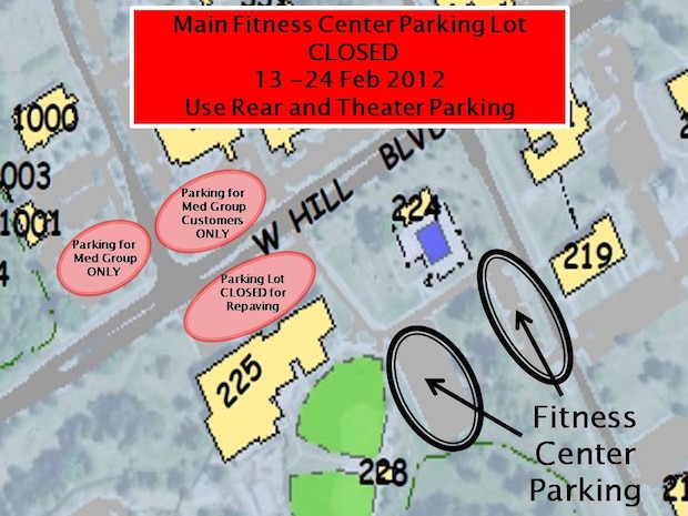 The 628th Civil Engineer Squadron will be resurfacing the front parking lot of the Joint Base Charleston - Air Base Fitness Center, Feb. 13 to 24. The Fitness Center will remain open during this time; however patrons will need to park in the rear parking lots off of Davis Drive. The front parking lot on Hill Blvd. will be completely closed and there will be no access from the front parking lot to the back parking lots. Overflow parking will be available in the parking lots around the Base Theatre.