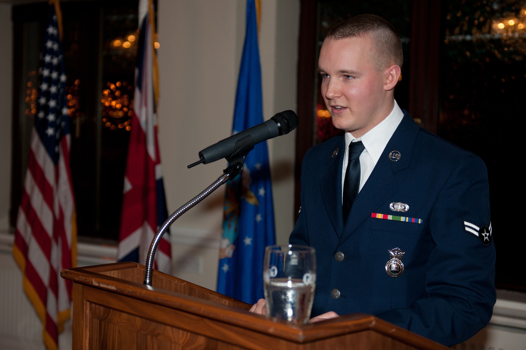 Airman First Class Nicholas Mylius, 423rd Security Forces Squadron, speaks during the 501st Combat Support Wing 2011 Annual Awards Ceremony. Mylius was the guest speaker, and described the traits that new Airmen like him look for from their leaders. (U.S. Air Force photo by Senior Airman Joel Mease)