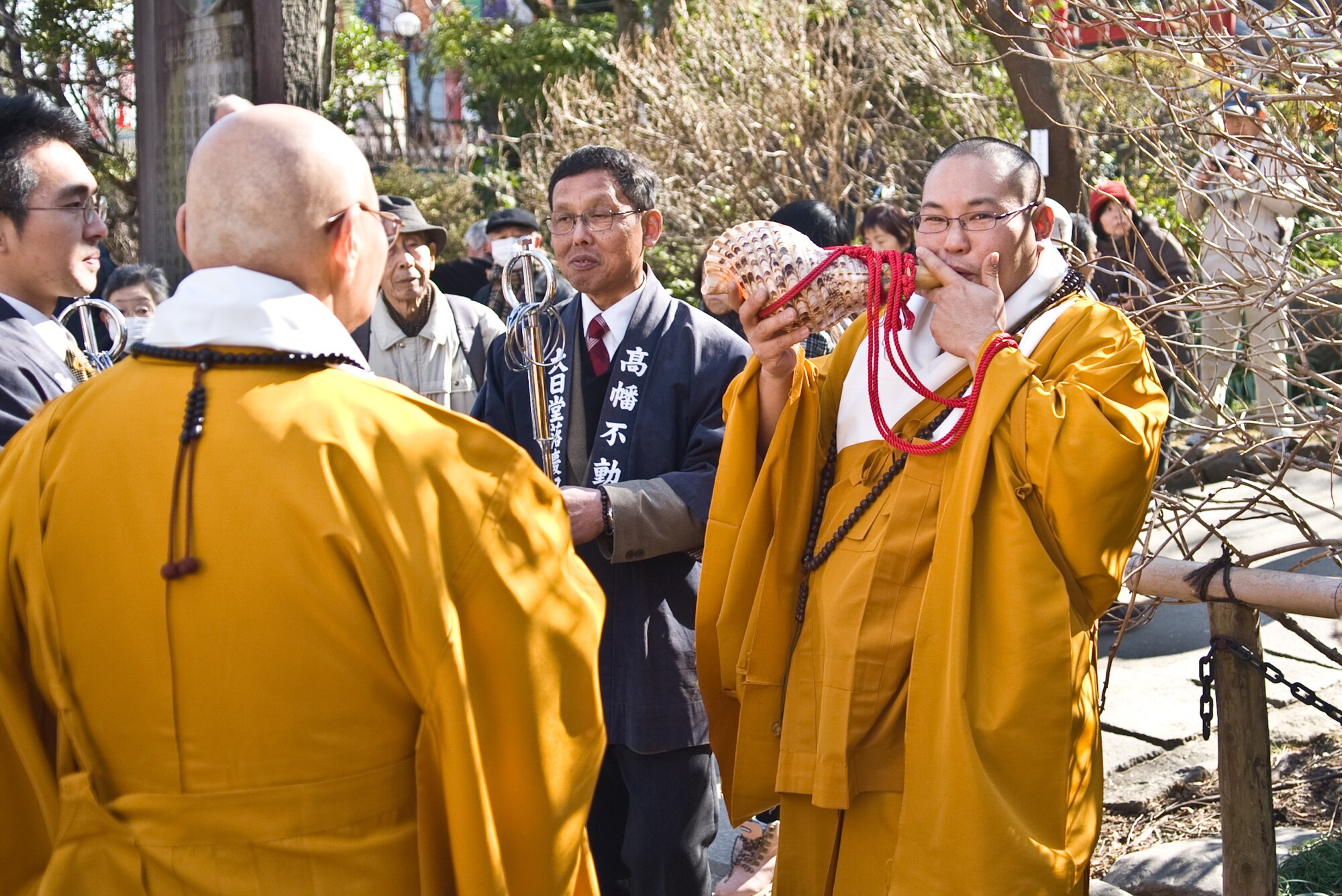 HINO CITY, Japan --  A monk plays his Horagai in preparation for the Bean Throwing Ceremony at the Takahata Fudo Temple in Hino City, Japan, Feb. 3,2012. A Horagai is a large conch shell used as a musical instrument by buddhist monks for religious purposes. (U.S. Air Force photo/Airman 1st Class Krystal M. Garrett) 