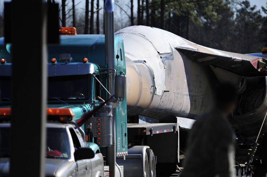 SHAW AIR FORCE BASE, S.C. - An F-111E Aardvark that will be used as a static display arrives at Shaw AFB, S.C. on Feb. 2, 2012.  It will take about four months to assemble the jet and then there will be a dedication ceremony. (U.S.  Air Force photo/Master Sgt. Cohen A. Young)