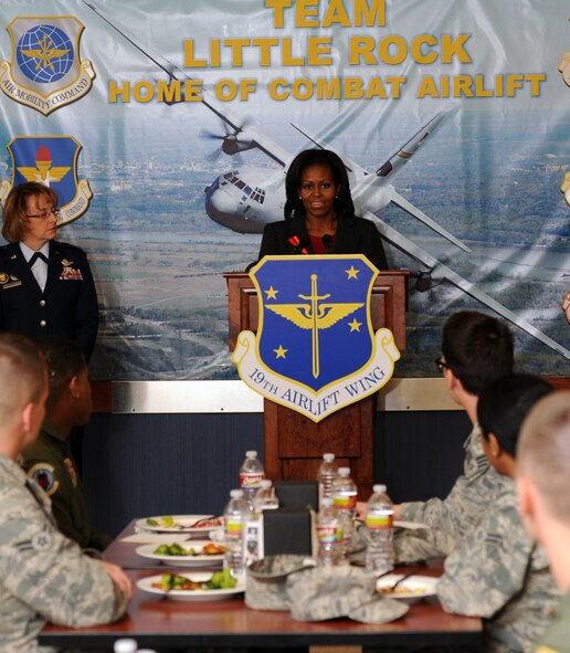 First Lady Michelle Obama speaks to Team Little Rock Airmen, Feb. 9, 2012 at Little Rock Air Force Base, Ark. The First Lady was briefed on the food transformation initiative program implemented at the base, put in place to provide a wider variety of nutritional foods to service members and their families. (U.S. Air Force Photo by Airman 1st Class Rusty Frank)