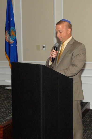 Gary Rudman, 20th Fighter Wing Chapel Jewish Lay-Leader, speaks during the National Prayer Breakfast, Shaw Air Force Base, S.C., Feb. 7, 2012. The first U.S. Government prayer breakfast groups were initiated in 1942 in the Senate and House of Representatives. In 1970, the name was changed to The National Prayer Breakfast to emphasize the purpose of the gathering rather than the individuals involved. The annual breakfast occurs every year after Congress convenes.. (U.S. Air Force photo by Airman 1st Class Ashley L. Gardner/ Released)