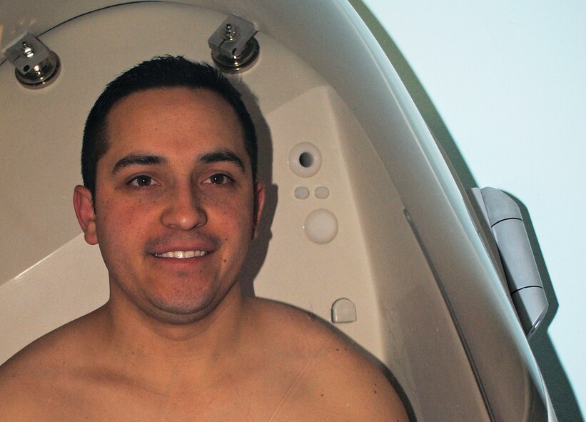 Estevan Trujillo, 377th Air Base Wing Plans and Programs, was tested in the “Bod Pod” at the Health and Wellness Center.