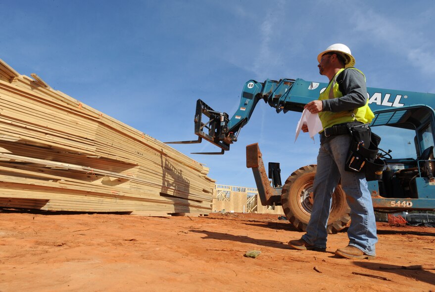 Robert Scott, Hensel Phelps Construction Company local builder, plans the placement of each frame for the roof of new housing at Shaw Air Force Base, S.C., Feb. 3, 2012. Forrest City Contractors subcontracted with Hensel Phelps to build homes and new communities for the military. Hensel Phelps is currently in Phase 1 of the construction process. (U.S. Air Force photo by Senior Airman Tabatha McCarthy/Released)