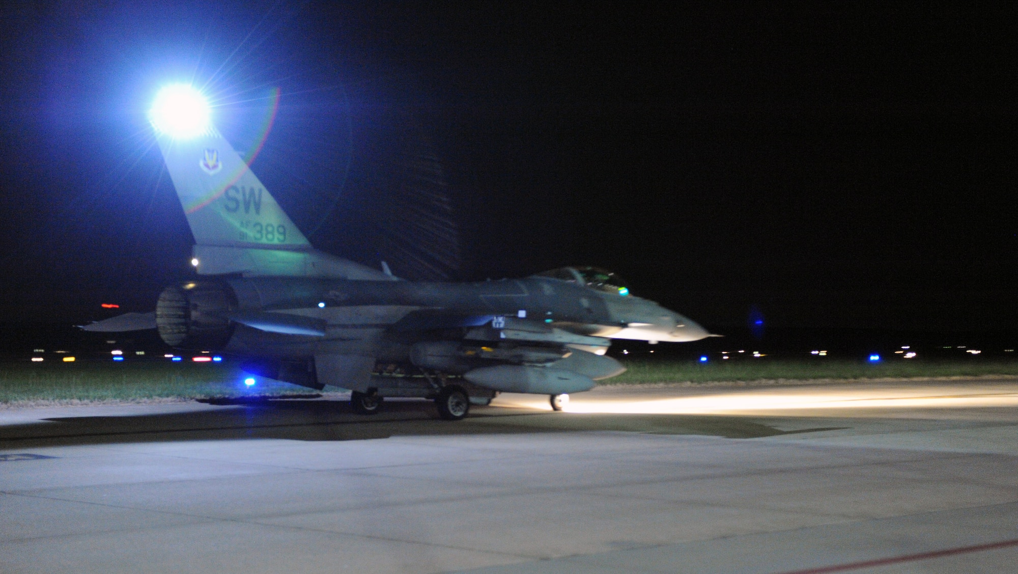 A U.S. Air Force F-16 Fighting Falcon from the 77th Fighter Squadron taxis down the runway at Shaw Air Force Base, S.C., to prepare for takeoff in support of Operation Unified Protector. The 20th Fighter Wing received short notice deployment orders and departed in less than 48 hours. (U.S. Air Force photo by Airman 1st Class Tabatha Duarte/Released)