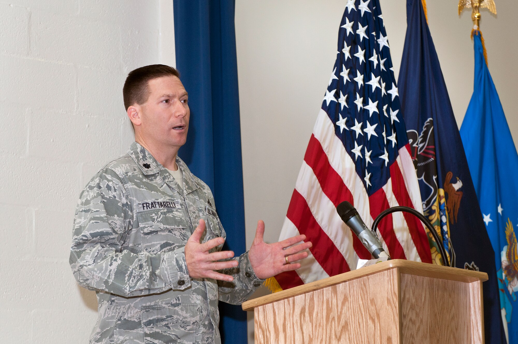 A photo of Lt. Col. Richard Frattarelli, incoming commander of the 201st RED HORSE Squadron, Detachment 1, during a change of command ceremony held here Dec. 10, 2011. 