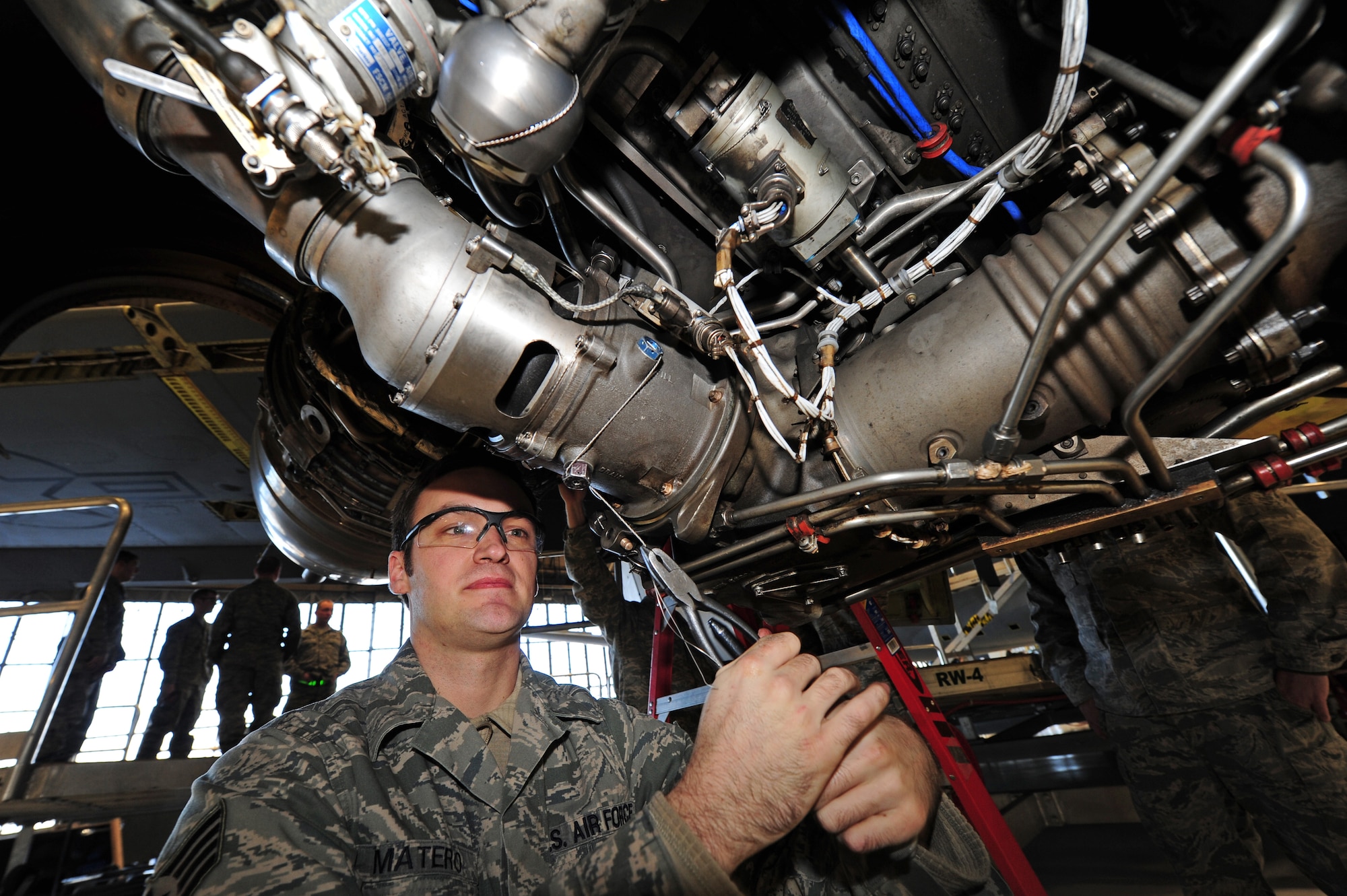 Staff Sgt. John Matero safety wires a plug on a KC-135 Stratotanker engine at Fairchild Jan. 25. Matero’s work ensures Fairchild’s refuelers are in top shape for their frequent missions. (U.S. Air Force photo by Airman 1st Class Taylor Curry)